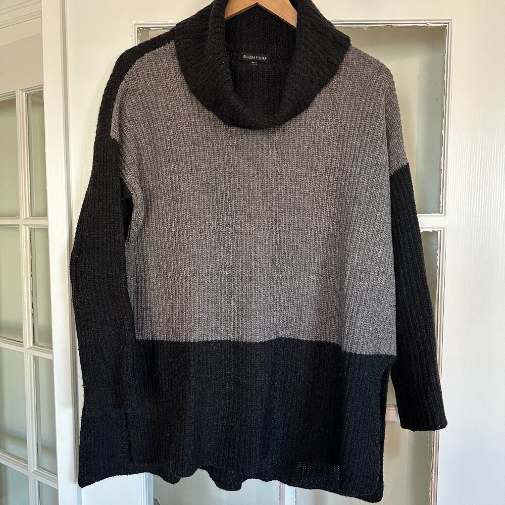 Boxy Fit Eileen Fisher Yak Wool Colorblock Cowl Neck Sweater